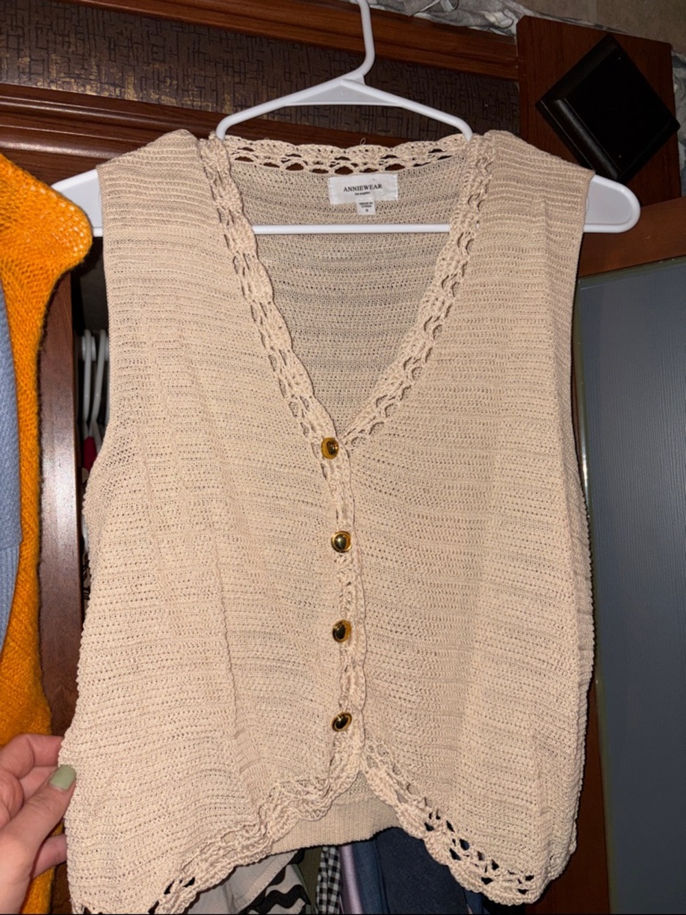 ANNIEWEAR Cream Crochet-Trim V-Neck Button Sweater Vest